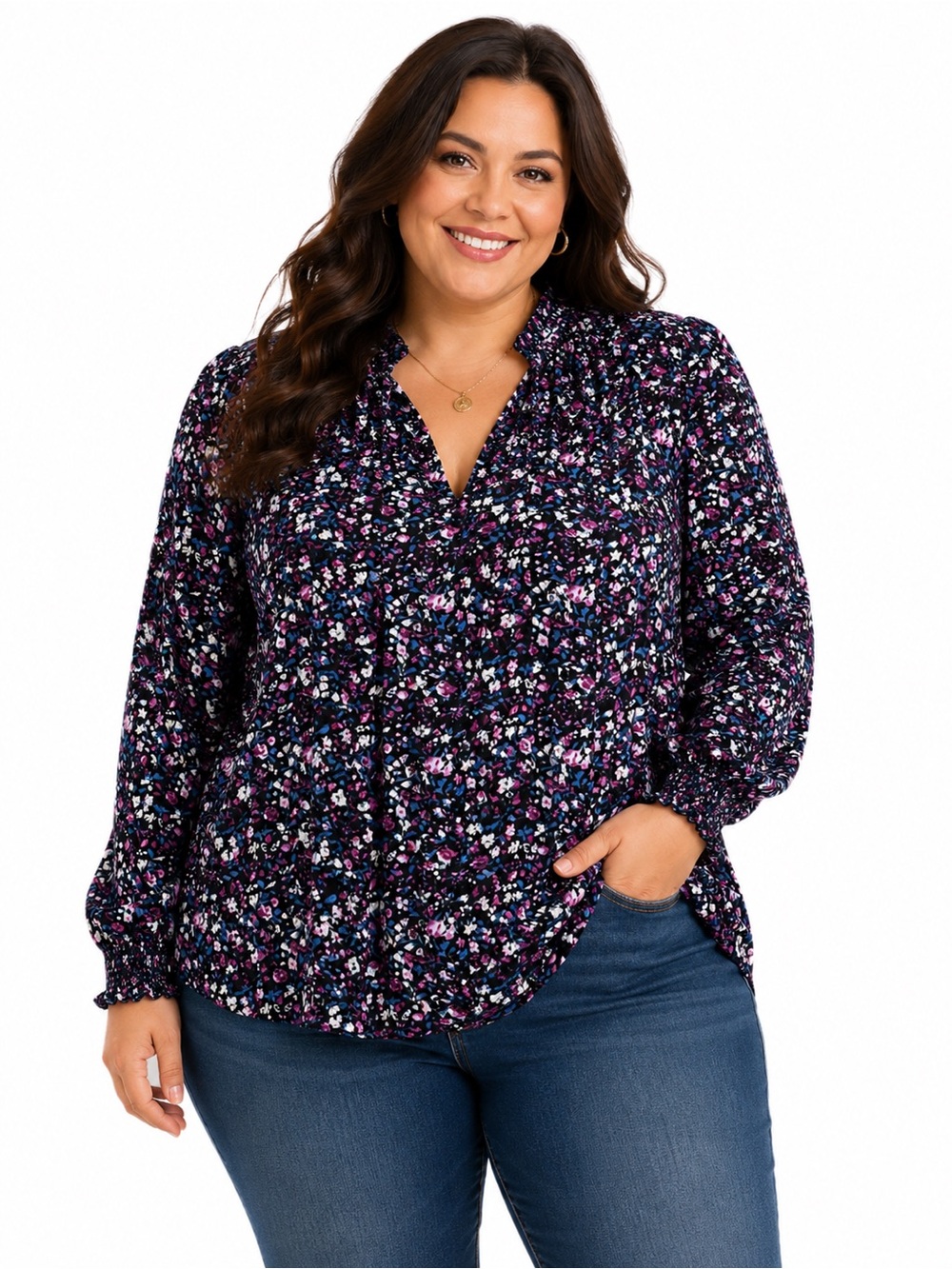 Fransa Plus-Size Floral Button-Front Blouse in Black Multi